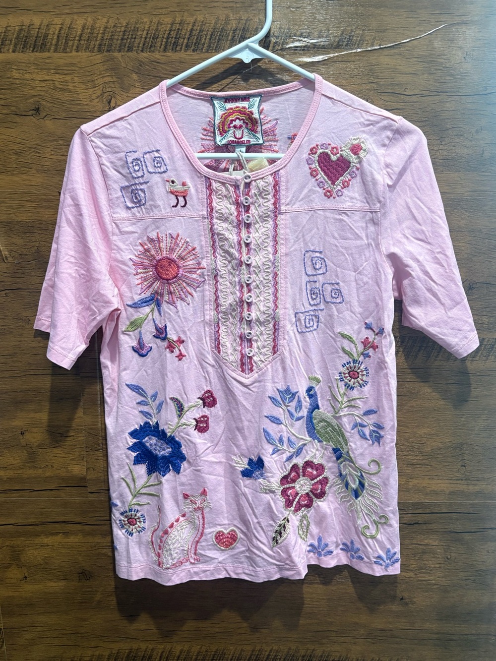 Johnny Was Pink Embroidered Tee with Floral & Bird Motif - Picture 2 of 9